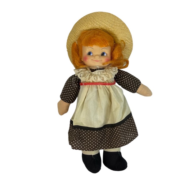 Vintage Horsman cloth Doll red hair straw hat blue eyes ponytail